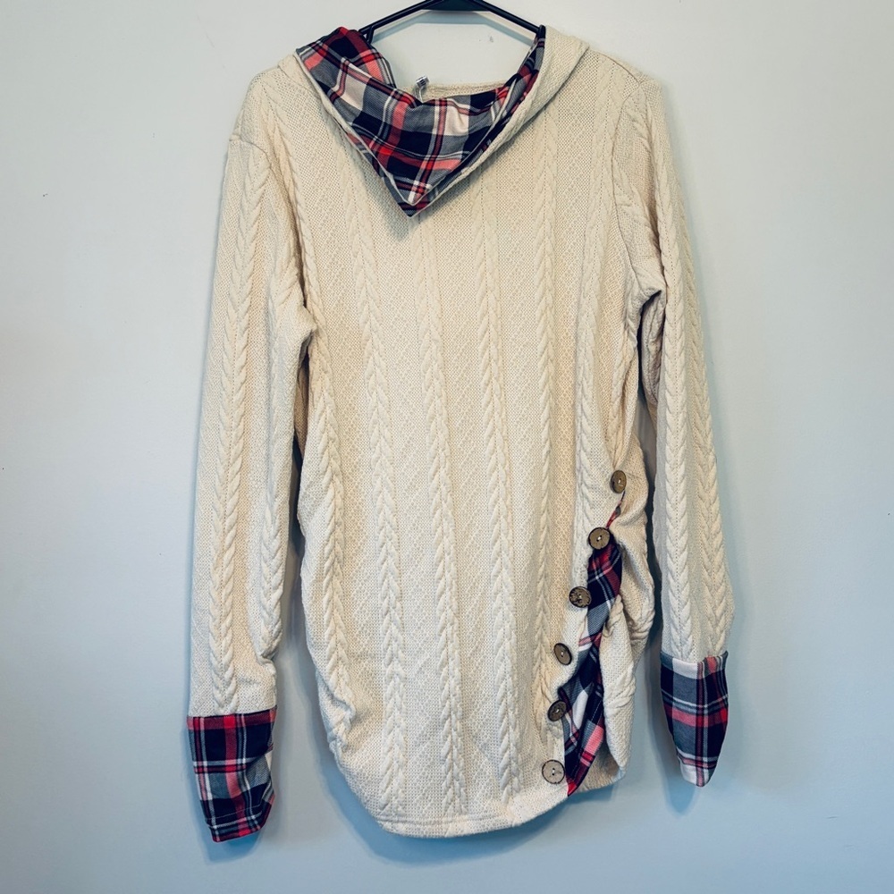 Cream Cable-Knit Hoodie with Red & Navy Plaid Lining